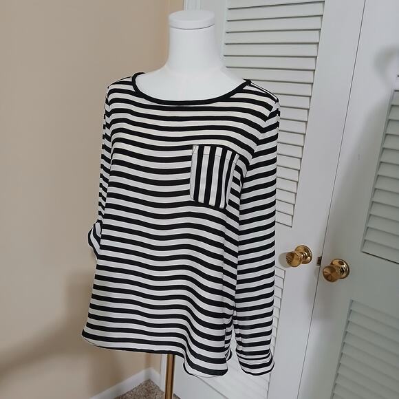 Ann Taylor LOFT medium petite adjustable sleeve black and white tunic easy care - Picture 5 of 12